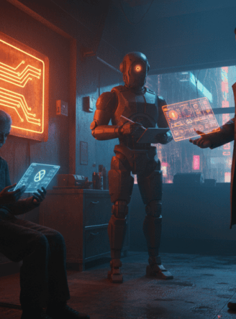 AI and robotics technology discussion in a futuristic setting.