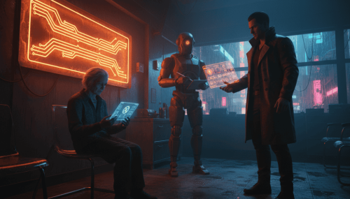 AI and robotics technology discussion in a futuristic setting.