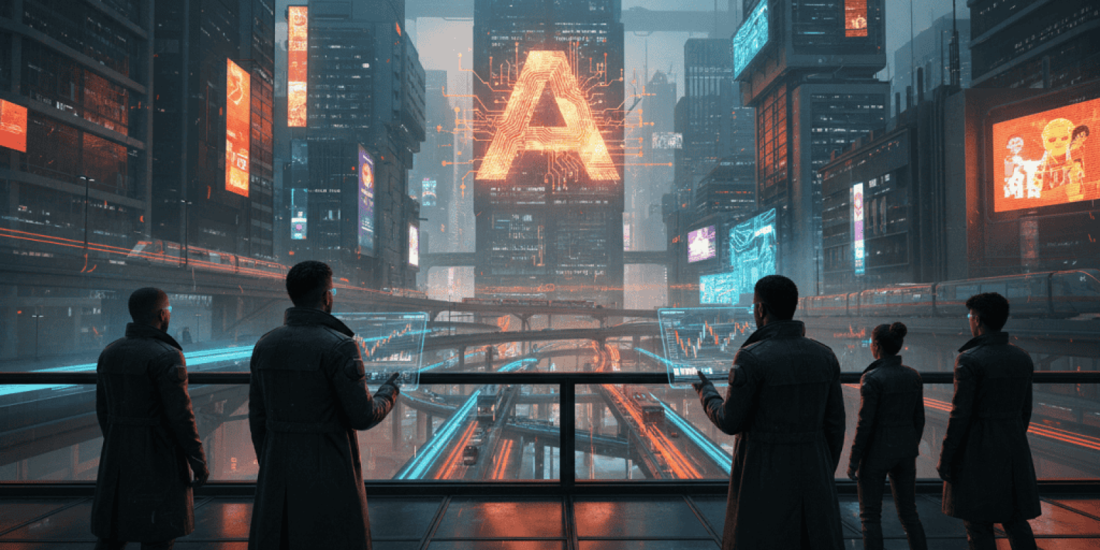 Futuristic cityscape with AI technology and digital displays, showcasing AI's role in urban innovati.