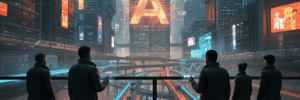 Futuristic cityscape with AI technology and digital displays, showcasing AI's role in urban innovati.