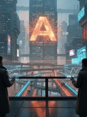 Futuristic cityscape with AI technology and digital displays, showcasing AI's role in urban innovati.