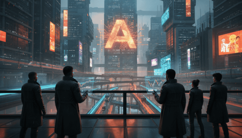 Futuristic cityscape with AI technology and digital displays, showcasing AI's role in urban innovati.