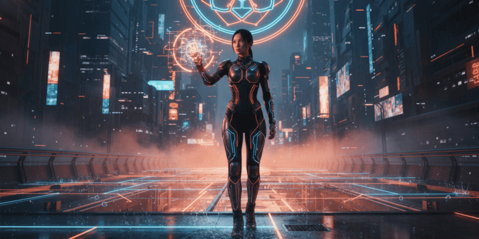 AI robot holding a glowing sphere in a futuristic cityscape.
