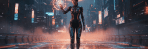 AI robot holding a glowing sphere in a futuristic cityscape.