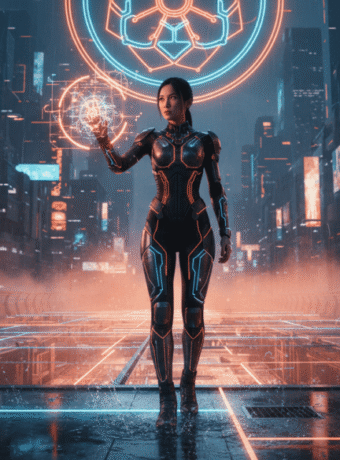 AI robot holding a glowing sphere in a futuristic cityscape.