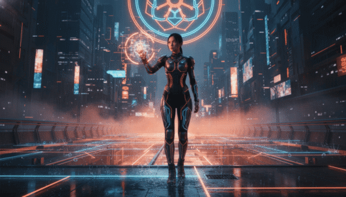 AI robot holding a glowing sphere in a futuristic cityscape.