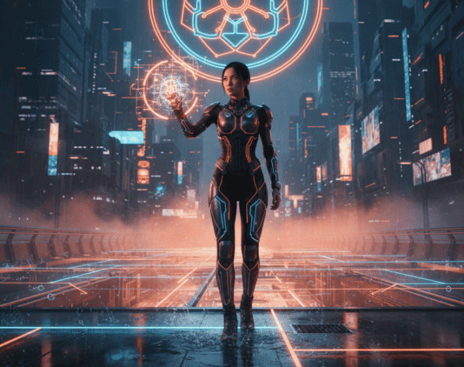 AI robot holding a glowing sphere in a futuristic cityscape.