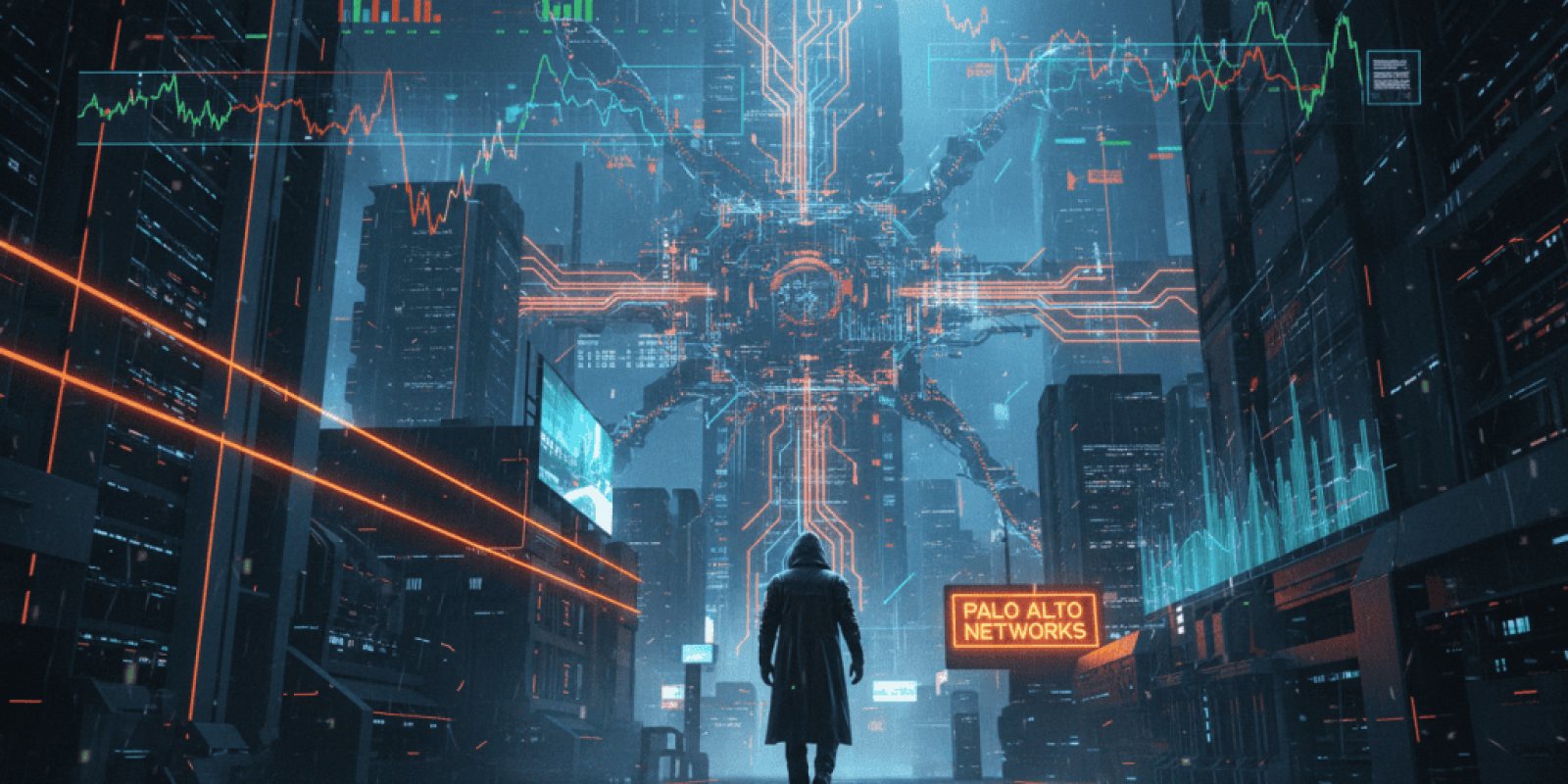 Futuristic cityscape with AI technology and cybersecurity elements at night.