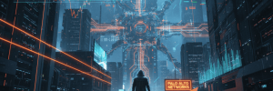 Futuristic cityscape with AI technology and cybersecurity elements at night.