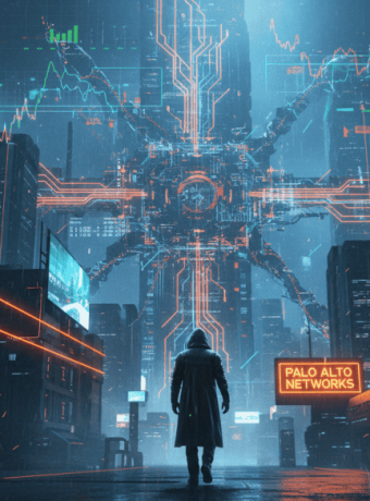 Futuristic cityscape with AI technology and cybersecurity elements at night.