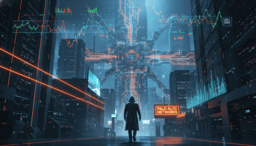 Futuristic cityscape with AI technology and cybersecurity elements at night.