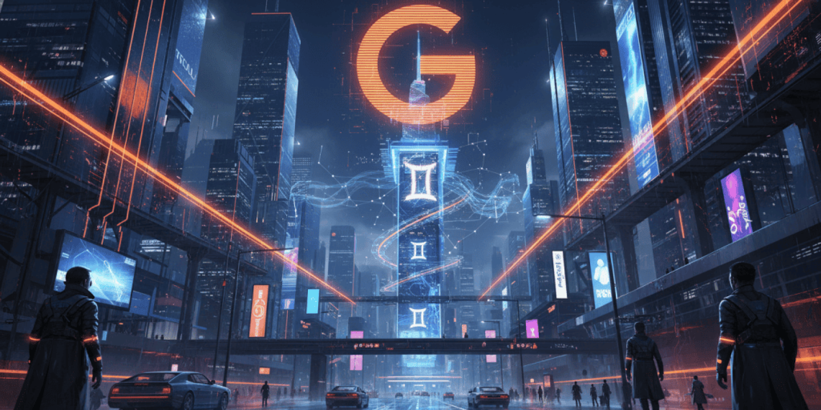 Futuristic cityscape with AI symbols and digital infrastructure at night.