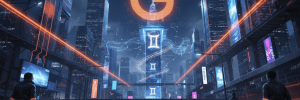 Futuristic cityscape with AI symbols and digital infrastructure at night.