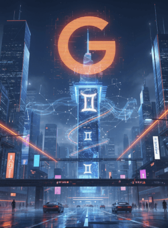 Futuristic cityscape with AI symbols and digital infrastructure at night.
