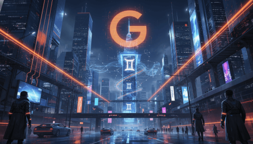 Futuristic cityscape with AI symbols and digital infrastructure at night.
