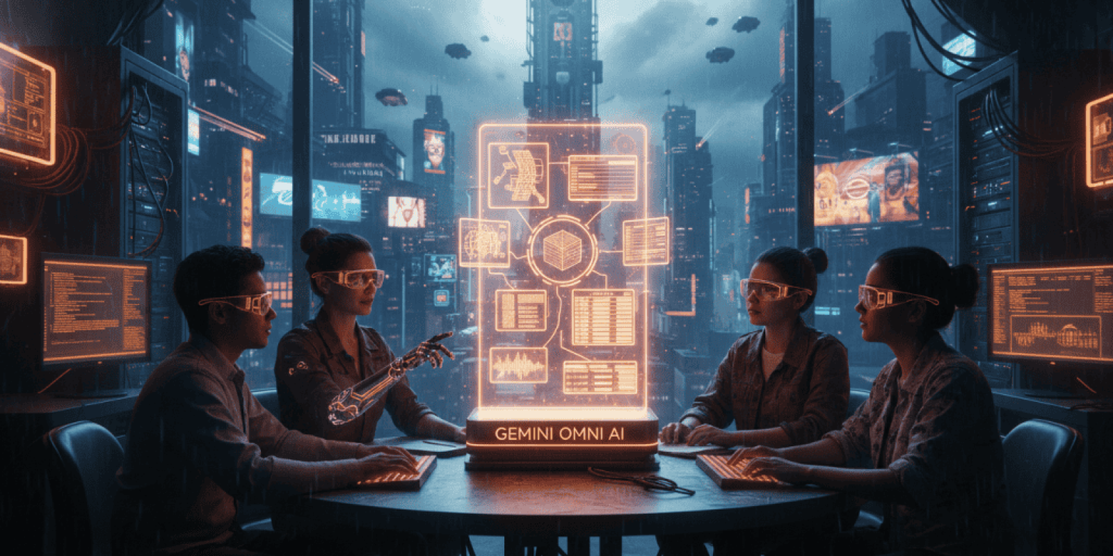 Team of women working with AI technology in a high-tech futuristic control room.