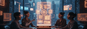 Team of women working with AI technology in a high-tech futuristic control room.