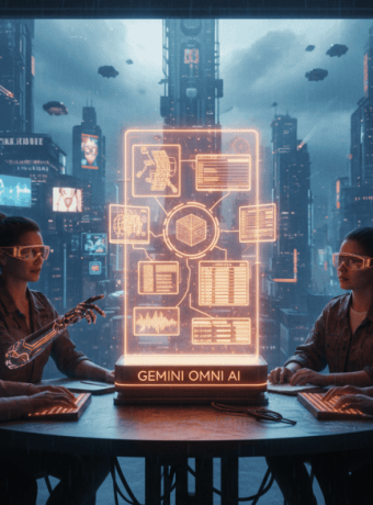 Team of women working with AI technology in a high-tech futuristic control room.