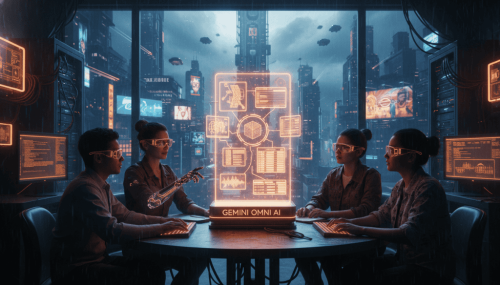 Team of women working with AI technology in a high-tech futuristic control room.