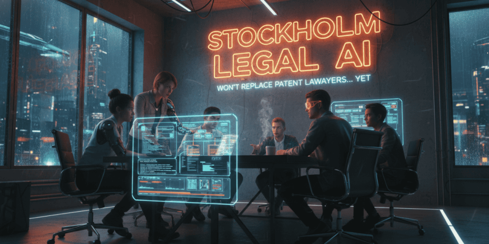 Business meeting on AI and legal technology in a modern conference room.
