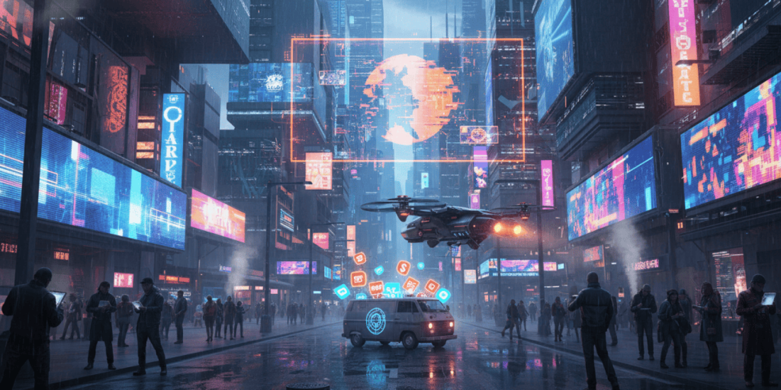 Futuristic city scene with flying drone, digital billboards, and neon lights in a cyberpunk setting.