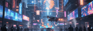 Futuristic city scene with flying drone, digital billboards, and neon lights in a cyberpunk setting.