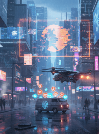 Futuristic city scene with flying drone, digital billboards, and neon lights in a cyberpunk setting.