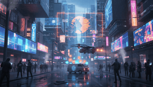 Futuristic city scene with flying drone, digital billboards, and neon lights in a cyberpunk setting.