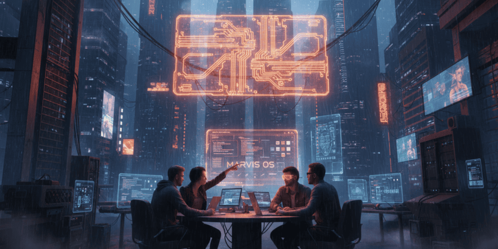 Futuristic AI technology in a high-tech data center with digital displays and neon lights.