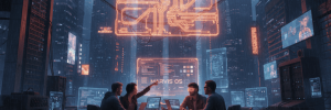 Futuristic AI technology in a high-tech data center with digital displays and neon lights.