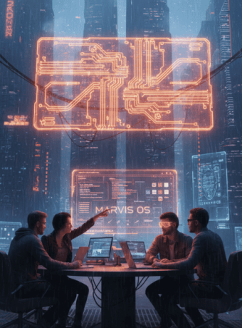 Futuristic AI technology in a high-tech data center with digital displays and neon lights.