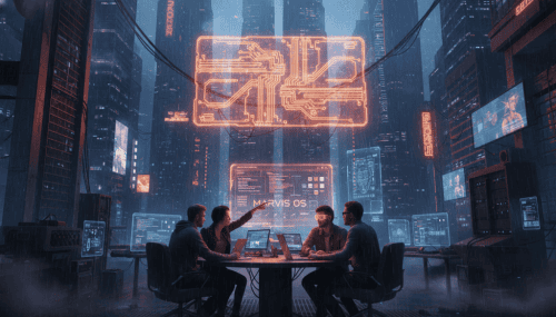 Futuristic AI technology in a high-tech data center with digital displays and neon lights.