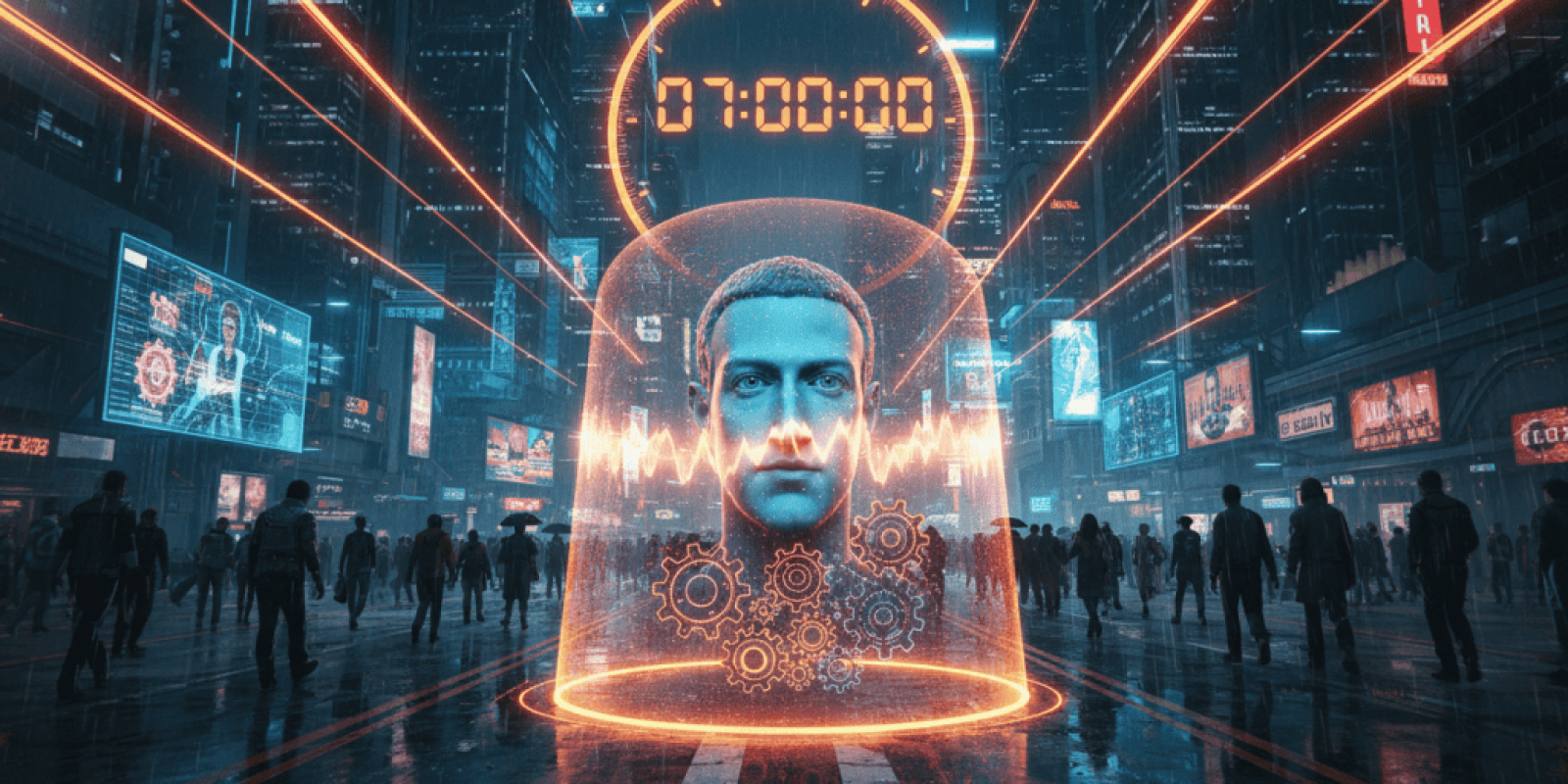 AI-driven technology and data security in futuristic urban environments.