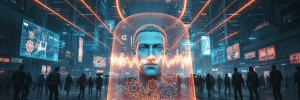 AI-driven technology and data security in futuristic urban environments.