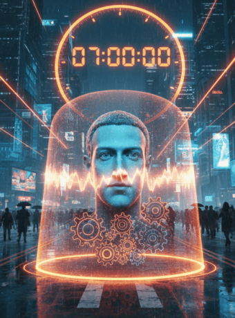 AI-driven technology and data security in futuristic urban environments.