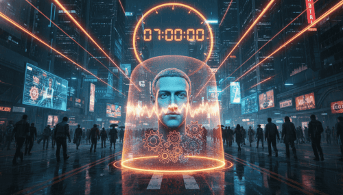 AI-driven technology and data security in futuristic urban environments.