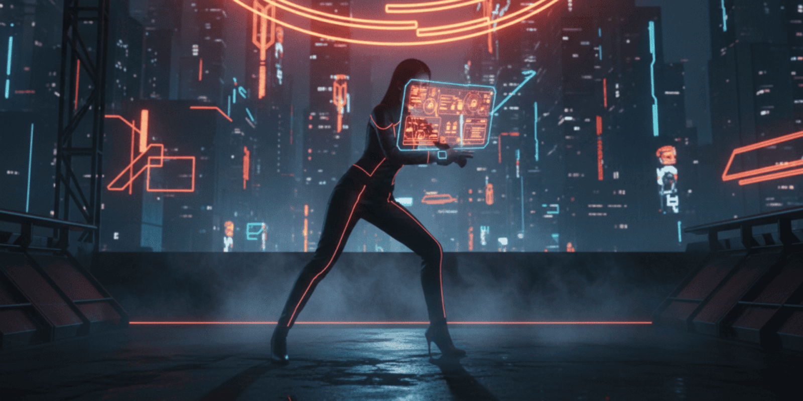 AI woman interacting with holographic digital interface in a high-tech cityscape.