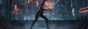 AI woman interacting with holographic digital interface in a high-tech cityscape.