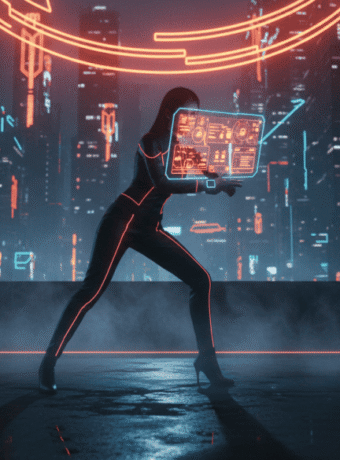 AI woman interacting with holographic digital interface in a high-tech cityscape.