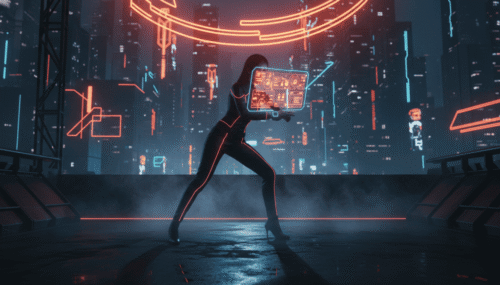 AI woman interacting with holographic digital interface in a high-tech cityscape.