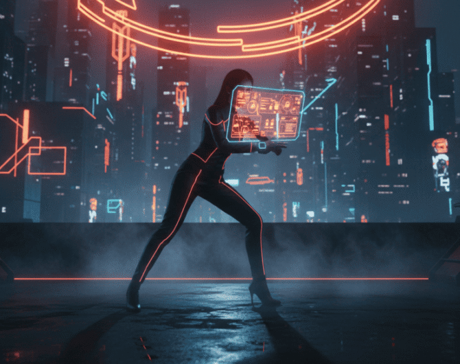 AI woman interacting with holographic digital interface in a high-tech cityscape.