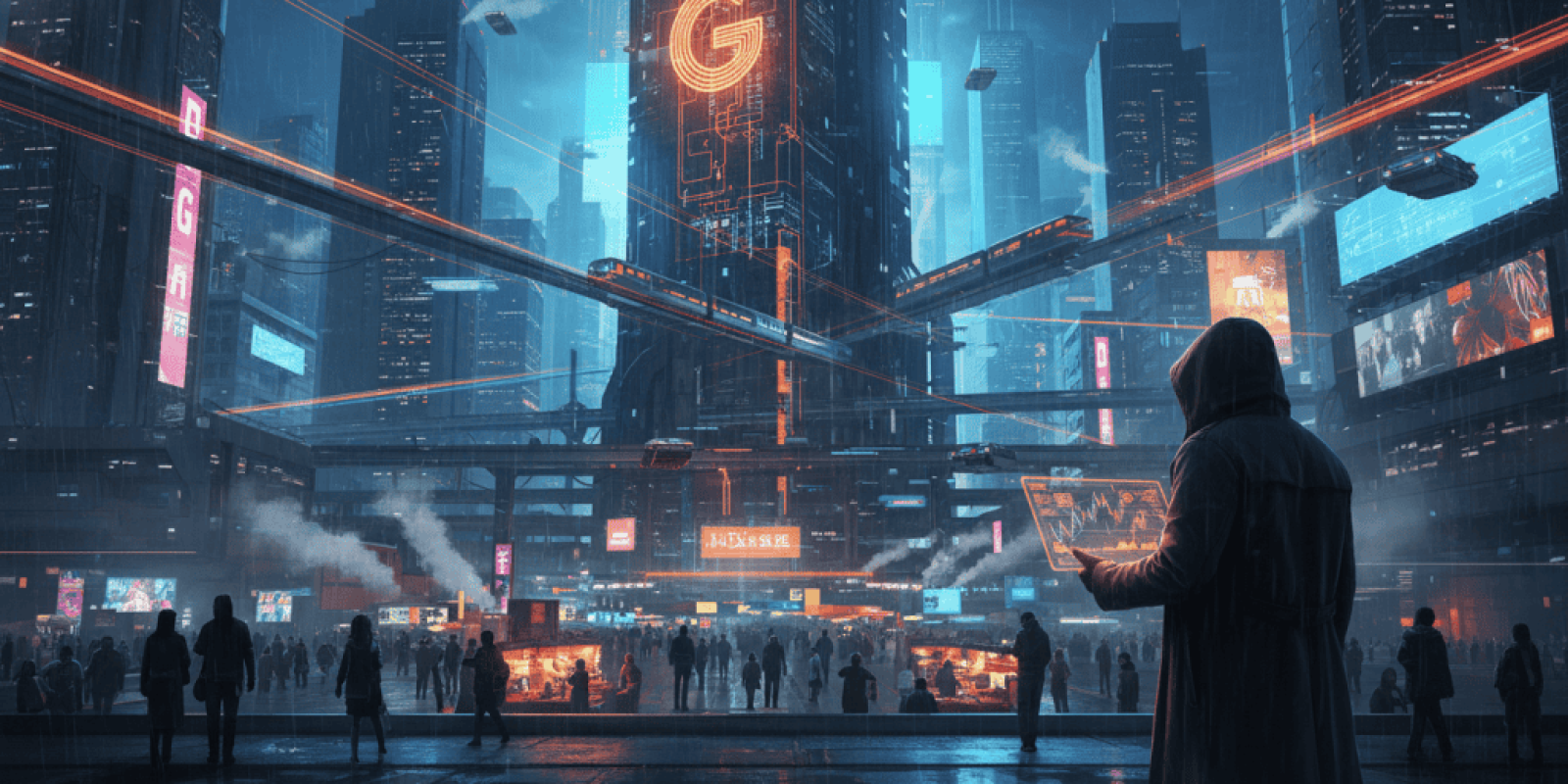 Futuristic city with digital screens and neon lights, person using a tablet in a high-tech urban env.