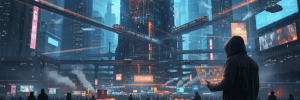 Futuristic city with digital screens and neon lights, person using a tablet in a high-tech urban env.