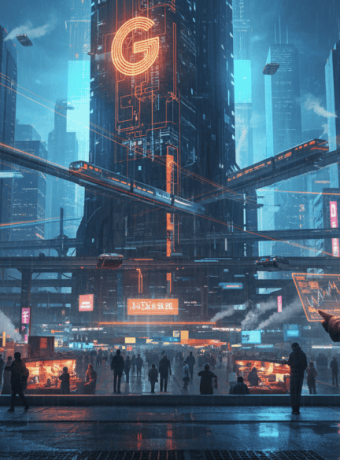 Futuristic city with digital screens and neon lights, person using a tablet in a high-tech urban env.