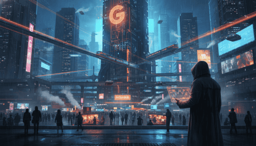 Futuristic city with digital screens and neon lights, person using a tablet in a high-tech urban env.