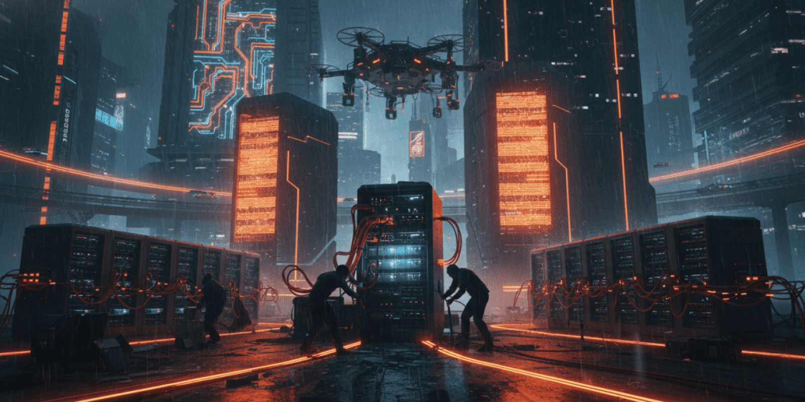 AI data center with advanced robotics and drone technology in a neon-lit cyber cityscape.