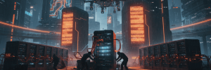 AI data center with advanced robotics and drone technology in a neon-lit cyber cityscape.