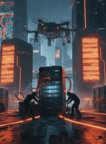 AI data center with advanced robotics and drone technology in a neon-lit cyber cityscape.