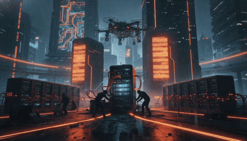 AI data center with advanced robotics and drone technology in a neon-lit cyber cityscape.