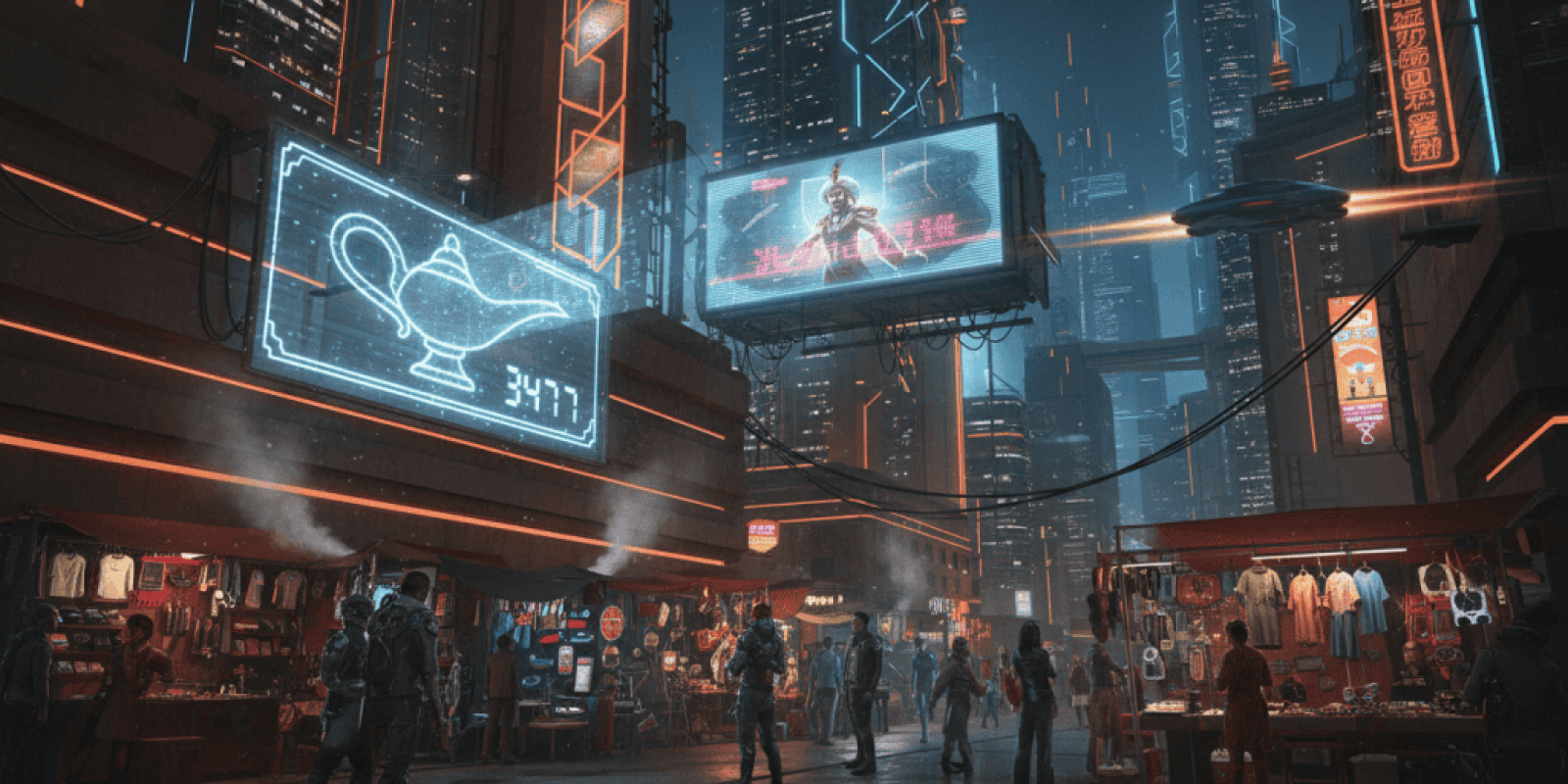 AI Era News: Futuristic cyberpunk city with neon lights, digital billboards, and bustling street mar.